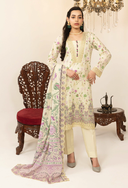 Three-Piece Lawn Digital Printed & Embroidered Suit