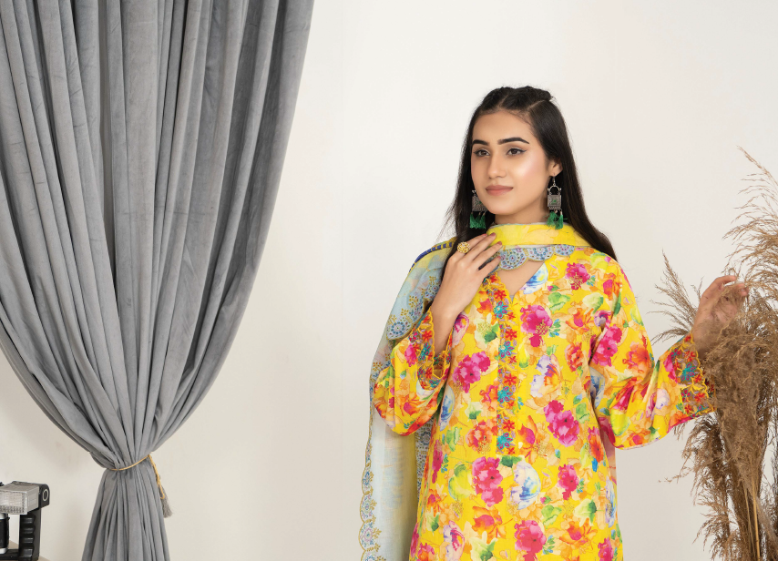 Three-Piece Lawn Digital Printed & Embroidered Suit