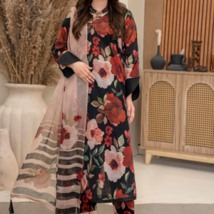 Three-Piece Digital Printed Lawn & Chiffon Suit – Modern & Trendy