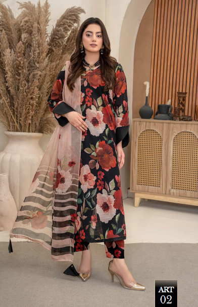 Three-Piece Digital Printed Lawn & Chiffon Suit โ Modern & Trendy