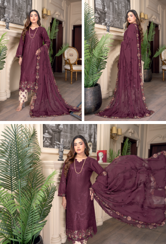 Three-Piece Lawn & Chiffon Embroidered Suit โ Graceful & Elegant